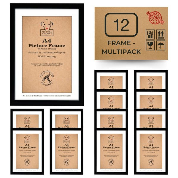12 Pack A4 Black Picture Frames  Modern Frames for Photos, Prints & Certificates, Wall Mounted & Freestanding