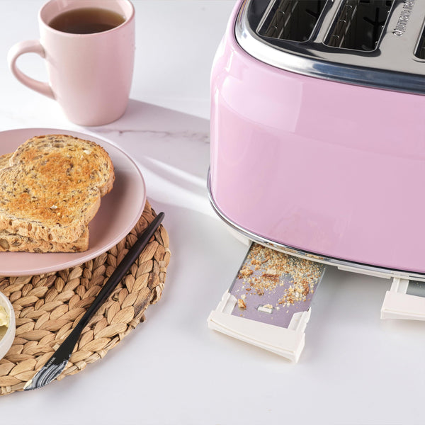 Salter Retro Pink 4-Slice Toaster  Wide Slots, 6 Browning Levels, Defrost, Reheat, Cancel Functions, Removable Crumb Tray, Extra Thick Bread,
