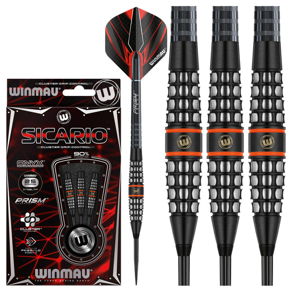 WINMAU Sicario Tungsten Steeltip Darts Set 23g with Prism Flights and Shafts (Stems)