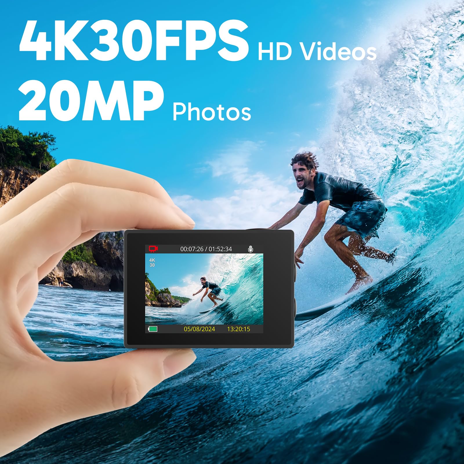 AKASO EK7000 Action Camera Floating Hand Grip Bundle - Includes 4K30FPS EK7000 Underwater Camera, Floating Hand Grip, 2 Batteries, Carrying Case, and Accessory Kits