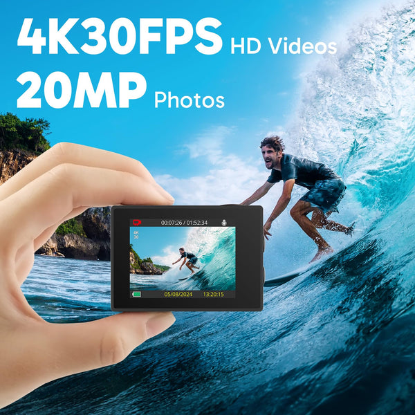 AKASO EK7000 Action Camera Floating Hand Grip Bundle - Includes 4K30FPS EK7000 Underwater Camera, Floating Hand Grip, 2 Batteries, Carrying Case, and Accessory Kits