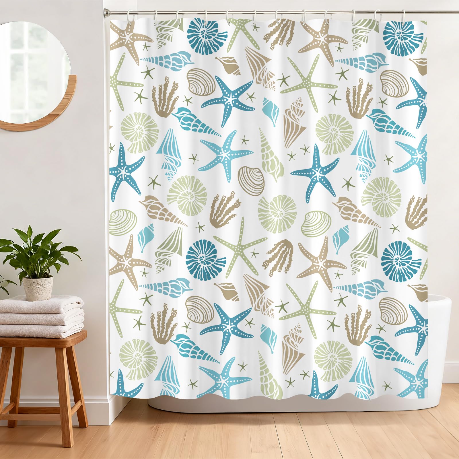 BREASOME Ocean Theme Shower Curtain 180 x 180 cm Coastal Starfish & Seashells Shower Curtain for Bathroom Decor Mould Proof Waterproof Polyester