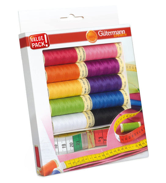 G?termann creativ Sewing Thread Set with 10 spools Sew-All Thread 100 m in Strong Colours + Tailor?s Measuring Tape