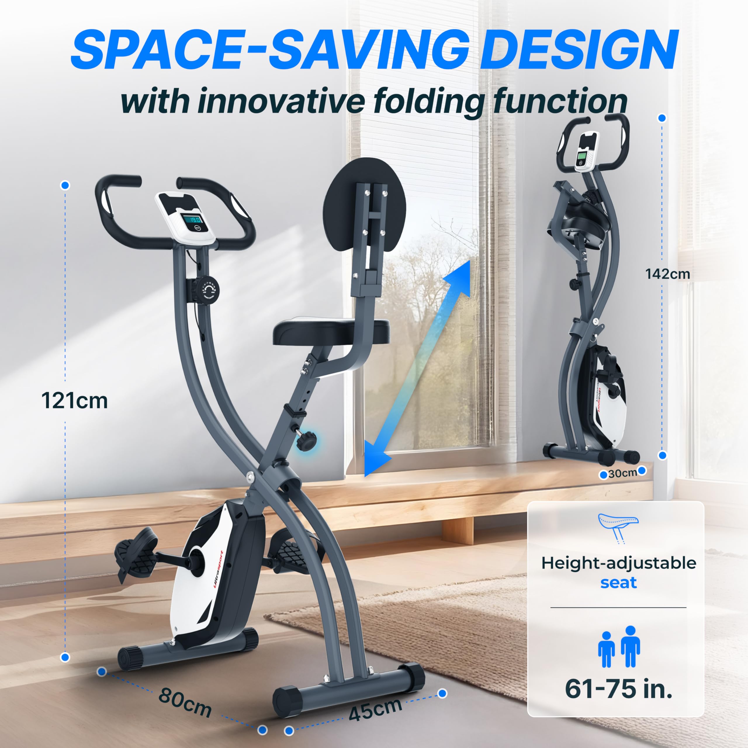 Ultrasport F-Bike Folding Exercise Bike 286 lbs Capacity, Extra Silent with Relax Foam Seat I Exercise Bikes for Home Use, Exercise Bike Foldable, Indoor Bike, Stationary Bike