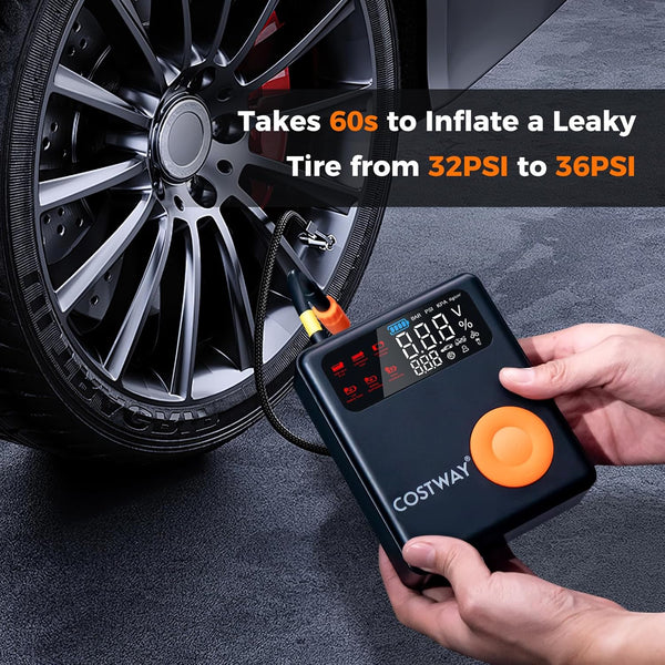 COSTWAY 5-in-1 Jump Starter with Air Compressor, 2000A Peak 13000mAh 12V Car Battery Booster Jump Starter (up to 8.0L Gas or 5.0L Diesel Engine), Powerbank Charger with Jump Leads, LED Flashlight