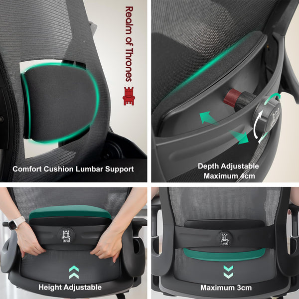 Realm of Thrones CAPTAIN Ergonomic Office Chair for Home, Heavy Duty Steel Base, Versatile Flip-up Armrests, Adjustable Lumbar Support, Mesh Back Comfort Cushion Seat for Computer Desk/Gaming (Black)
