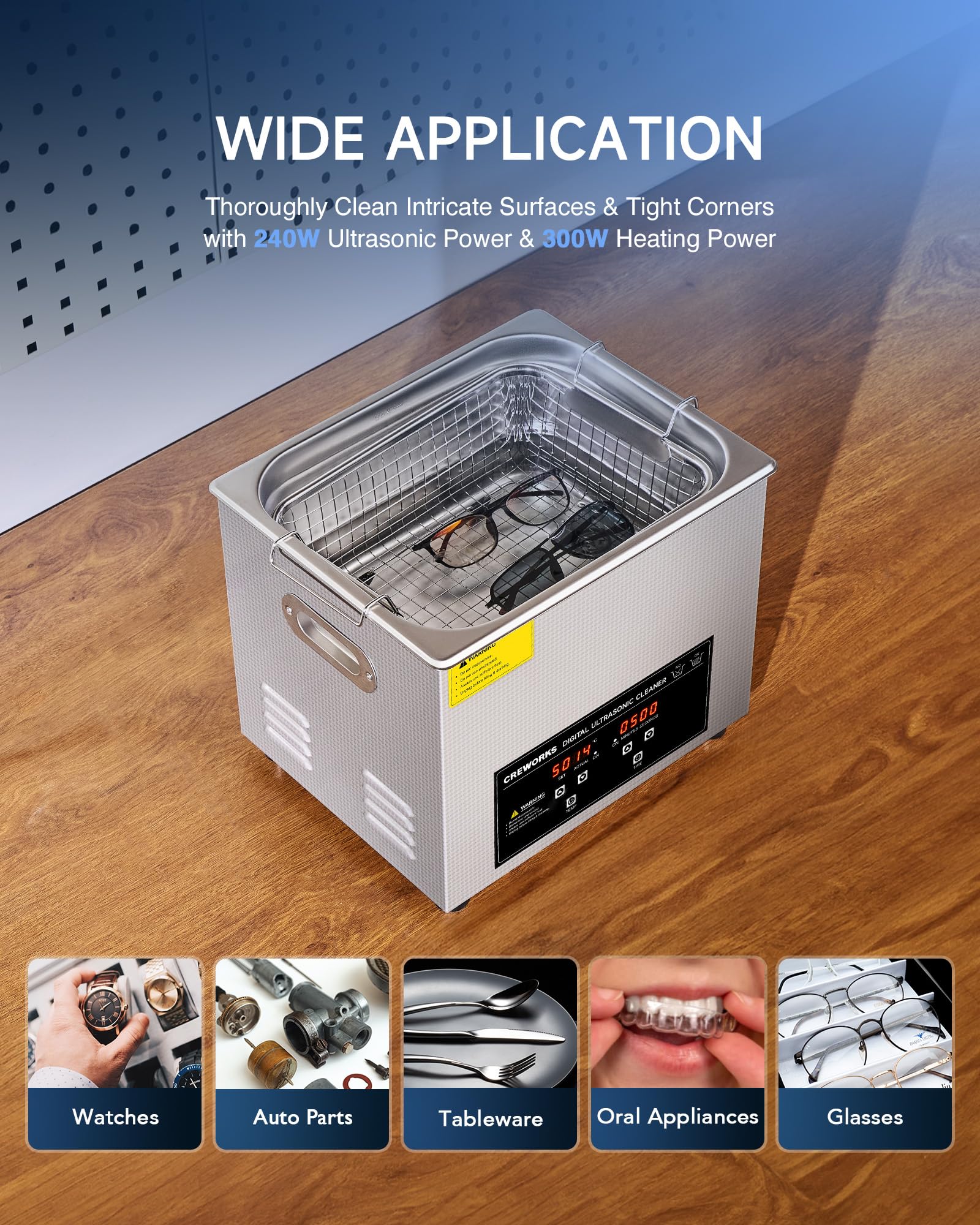 CREWORKS 6L Digital Ultrasonic Cleaner, 1.6 gal. Ultrasonic Cleaning Machine with Degas & Gentle Modes, 180W Professional Ultrasound Cleaner with 300W Heater and Timer for Glasses