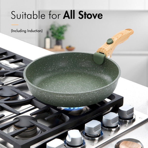 Kitchen Academy Non Stick Cookware Set, 10 Piece Granite-Coated Induction Pots and Pans Set with Detachable Handle, Stackable RV Cooking Set for