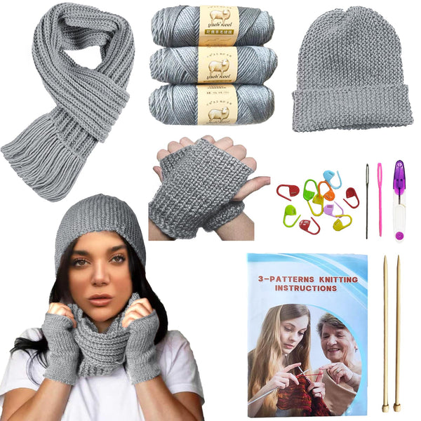 Knitting Kit for Beginners Adults & Kids, Crochet Kit for Beginners with Step-by-Step Guide, Learn to Knit Starter Bundle for Scarves, Hats & Gloves