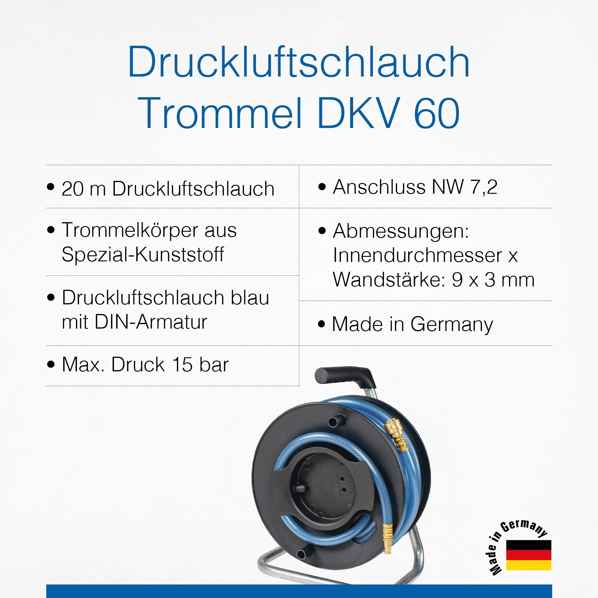 As Schwabe DKV60 12622 Compressed Air Hose Drum with 20 m x 9 x 3 mm Hose NW 7.2