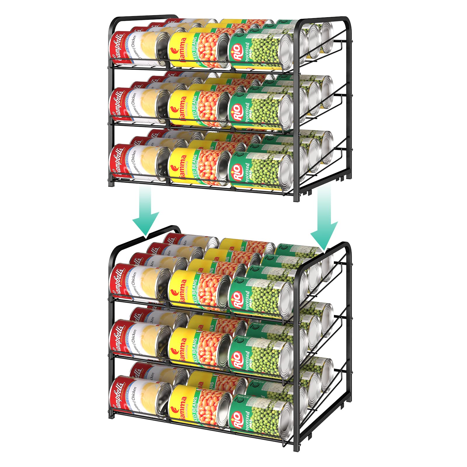 Stackable Can Rack Organizer, 2 Pack Can Dispenser - 3 Tier Storage for 72 Cans, Kitchen Cabinet Pantry Countertop - Black