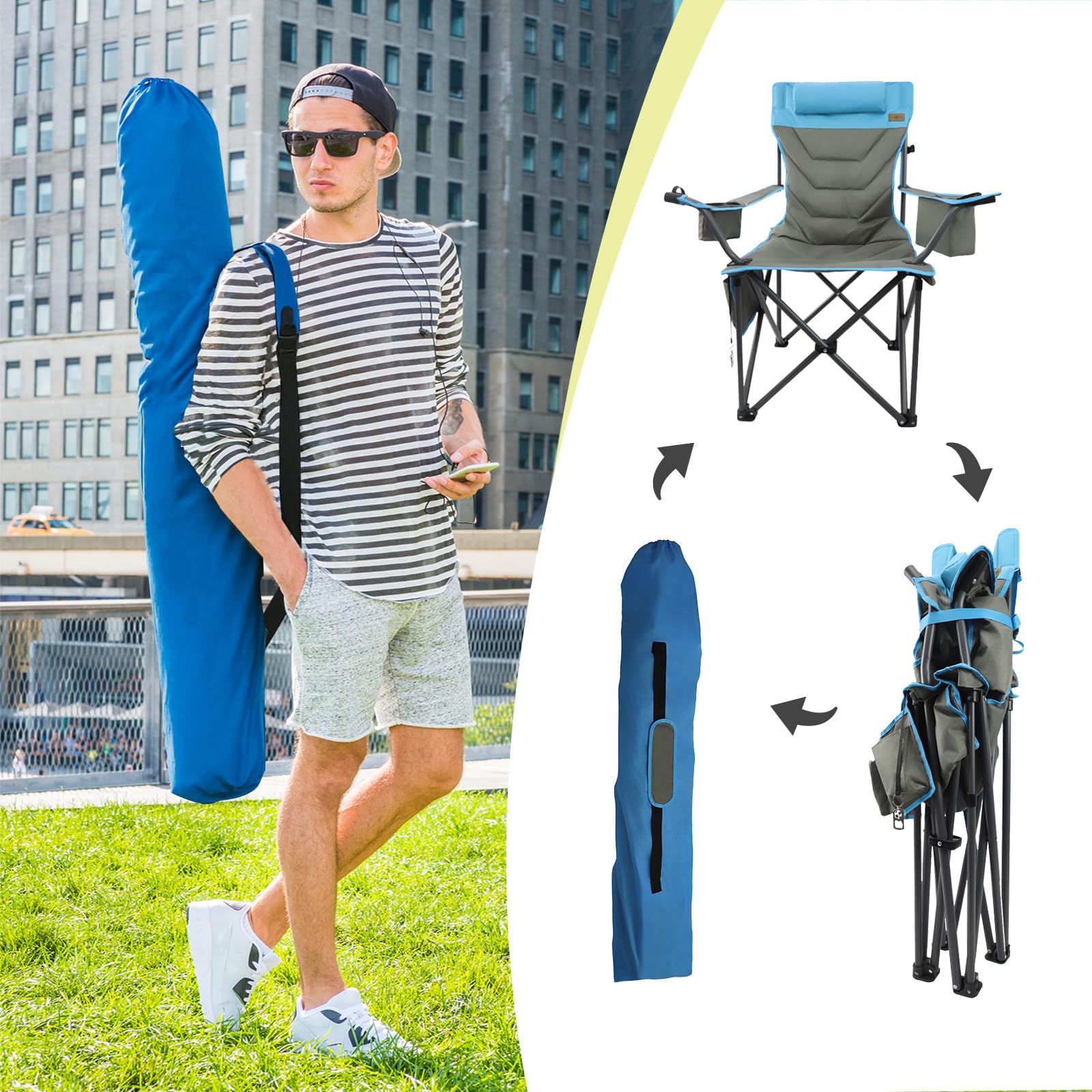 Outdoor Folding Camping Chair -Oversize Camping Chairs for Adults,Support 400lbs with Pillows & Cup Holders & Cooler Bags- Heavy Duty Collapsible Chairs for Sports Garden Beach Fishing(Grey Blue)