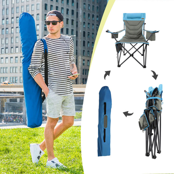 Outdoor Folding Camping Chair -Oversize Camping Chairs for Adults,Support 400lbs with Pillows & Cup Holders & Cooler Bags- Heavy Duty Collapsible Chairs for Sports Garden Beach Fishing(Grey Blue)