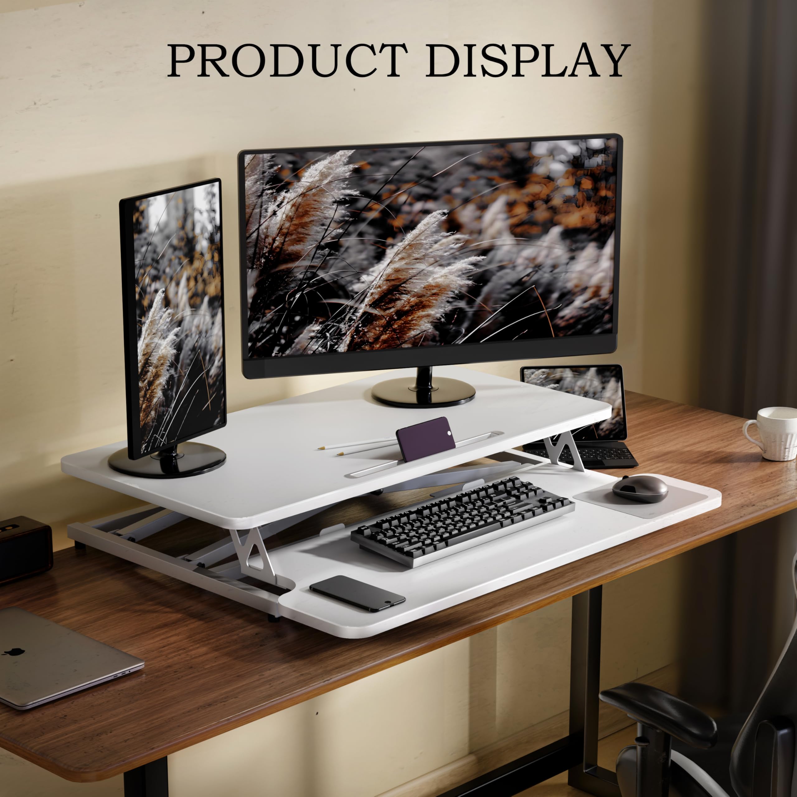 ERGOMAKER Height Adjustable Standing Desk Converter - 101cm (40 Inch) Wide Platform Tabletop Workstation - Quick Sit to Stand Desk Riser for Dual Monitors White