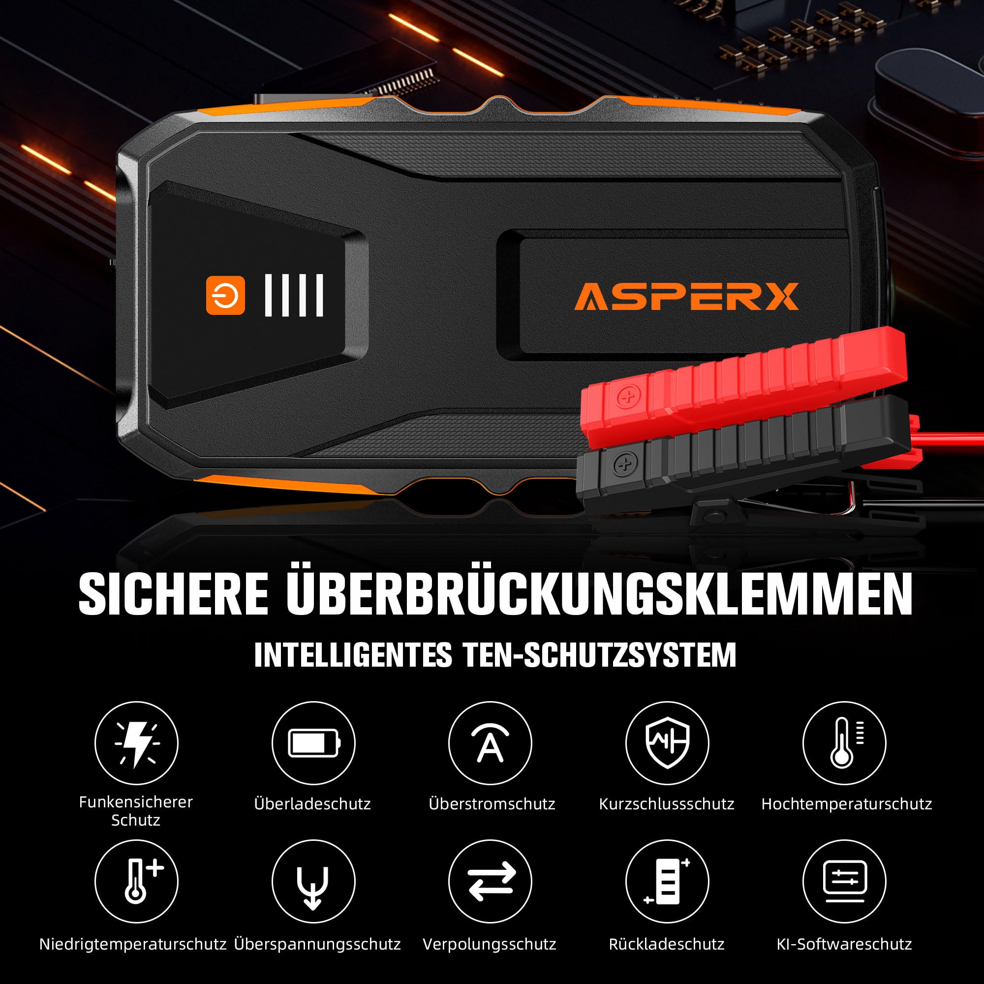 ASPERX Jump Starter Power Pack(Up to 10L Gas/8L Diesel), 3000A Car Battery Booster Jump Starter with LED Flashlight, Jump Leads and LCD Display, Jump Pack for 12V Vehicles, Pickup, SUV, Motorcycle