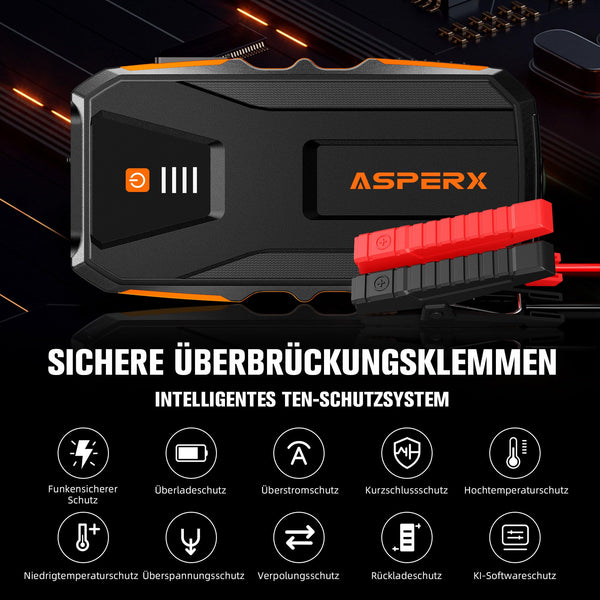 ASPERX Jump Starter Power Pack(Up to 10L Gas/8L Diesel), 3000A Car Battery Booster Jump Starter with LED Flashlight, Jump Leads and LCD Display, Jump Pack for 12V Vehicles, Pickup, SUV, Motorcycle