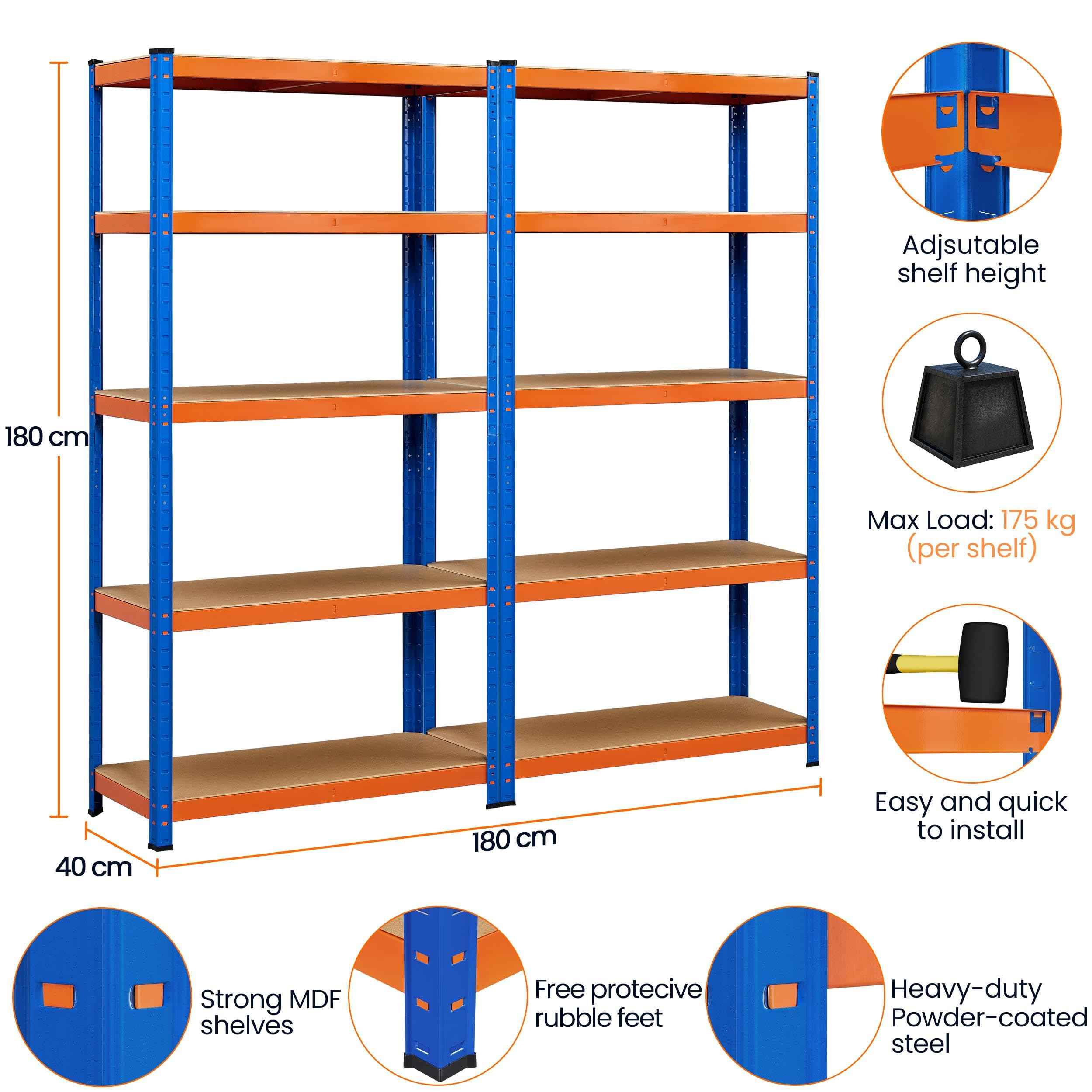 Yaheetech Garage Shelving Units - 5 Tier Heavy Duty Rack for Storage Metal Utility Shelves,180cm x 90cm x 40cm,175KG Per Shelf,Blue