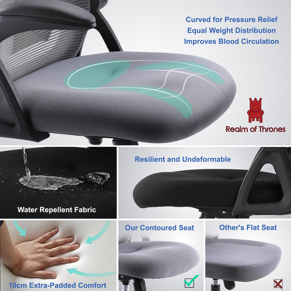 Realm of Thrones CAPTAIN Ergonomic Office Chair for Home, Heavy Duty Steel Base, Versatile Flip-up Armrests, Adjustable Lumbar Support, Mesh Back Comfort Cushion Seat for Computer Desk/Gaming (Black)