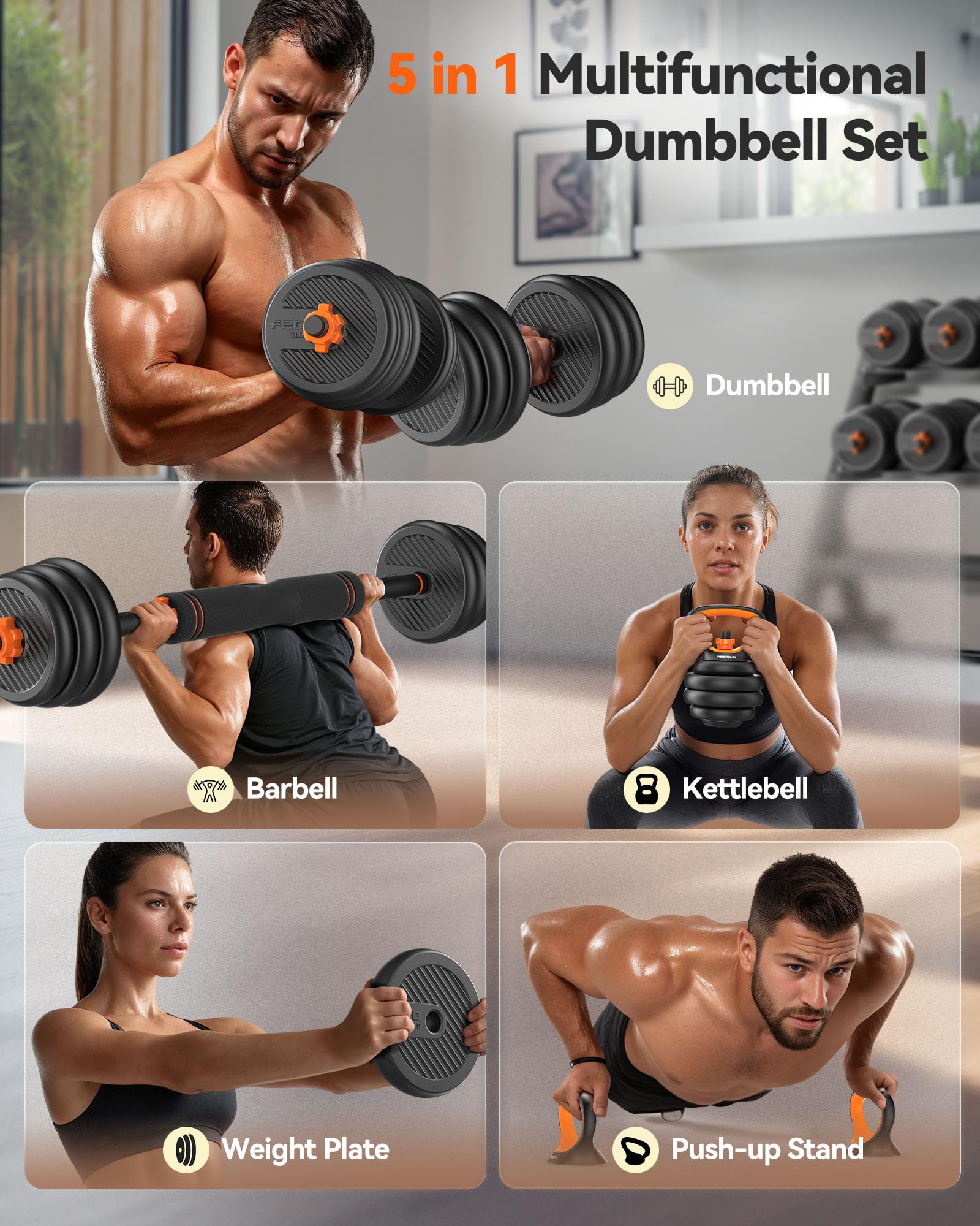 FEIERDUN Adjustable Dumbbells, 20lbs Free Weight Set with Connector, 4 in1 Dumbbells Set Used as Barbell, Kettlebells, Push up Stand, Fitness