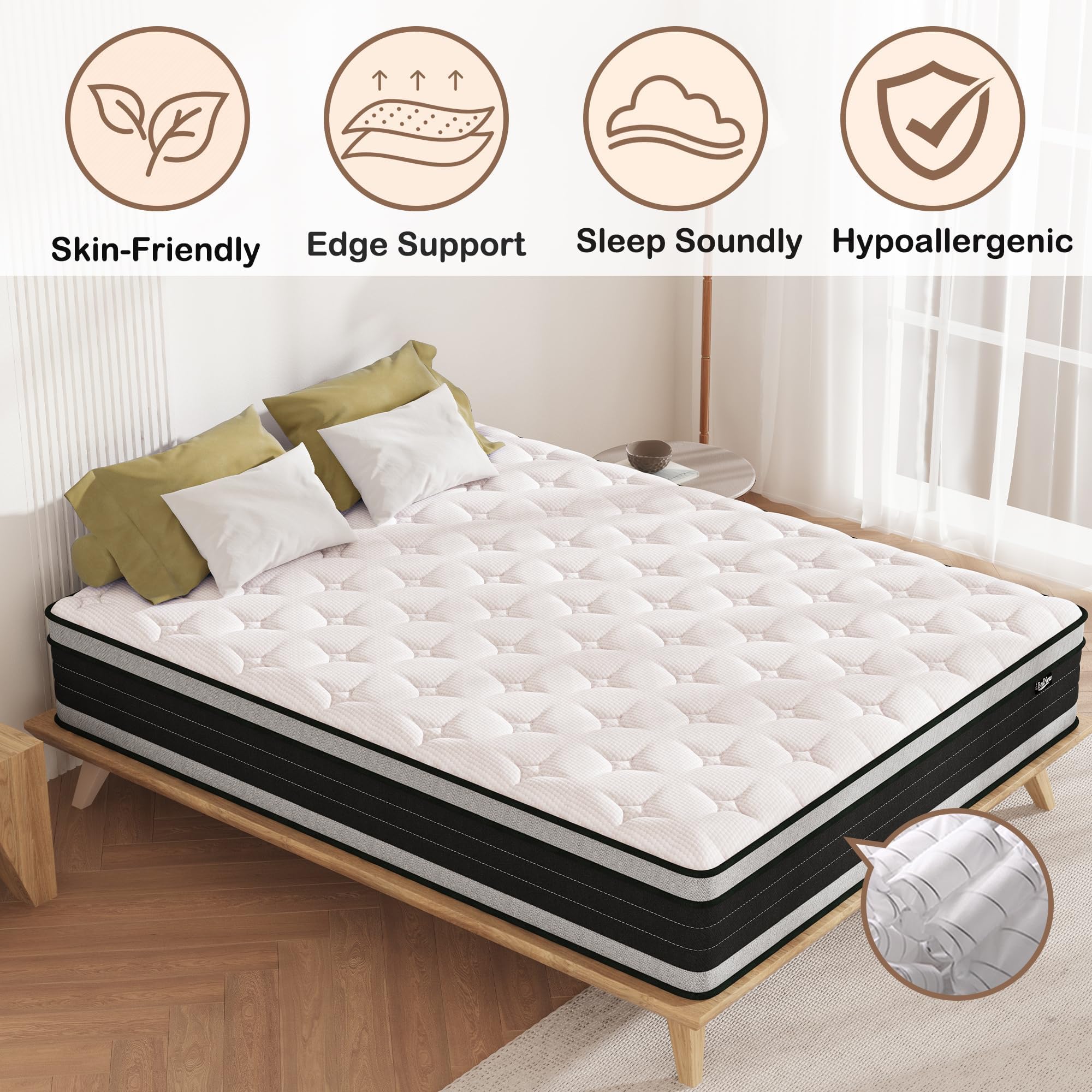 Bednew Double Mattresses 34cm, 13.4 Inch Innerspring Hybrid Mattress Double 4FT6 with Breathable Foam and Pocket Spring For Cool Comfort Sleep, Medium Firm Mattress(135x190x34cm)
