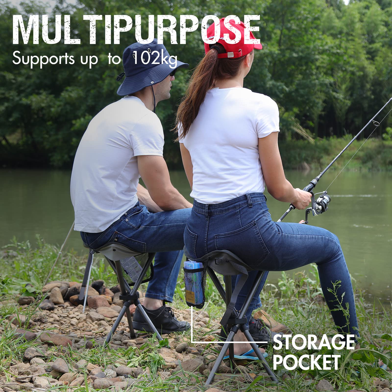 EVER ADVANCED Folding Stool Tripod Tall 53 cm Lightweight Camping Stool Compact Portable Fishing Tripod Camping Chair Collapsible for Outdoor Travel Walking Garden Backpack Hold Up 102 KG