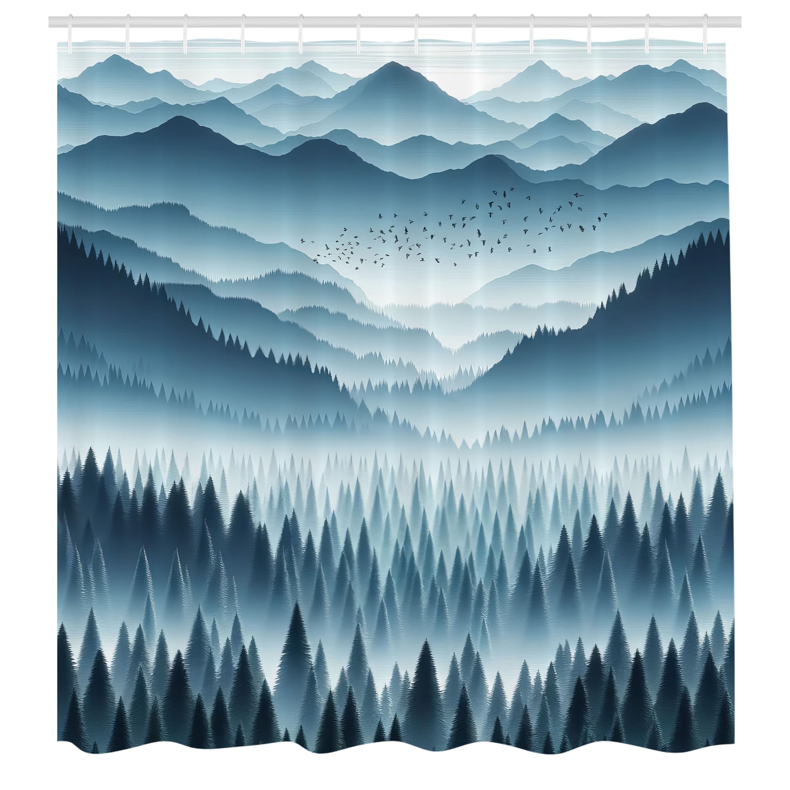 ABAKUHAUS Blue Shower Curtain, Misty Mountains Dense Forest, Cloth Fabric Bathroom Decor Set with Hooks, 175 x 200 cm, Slate Blue