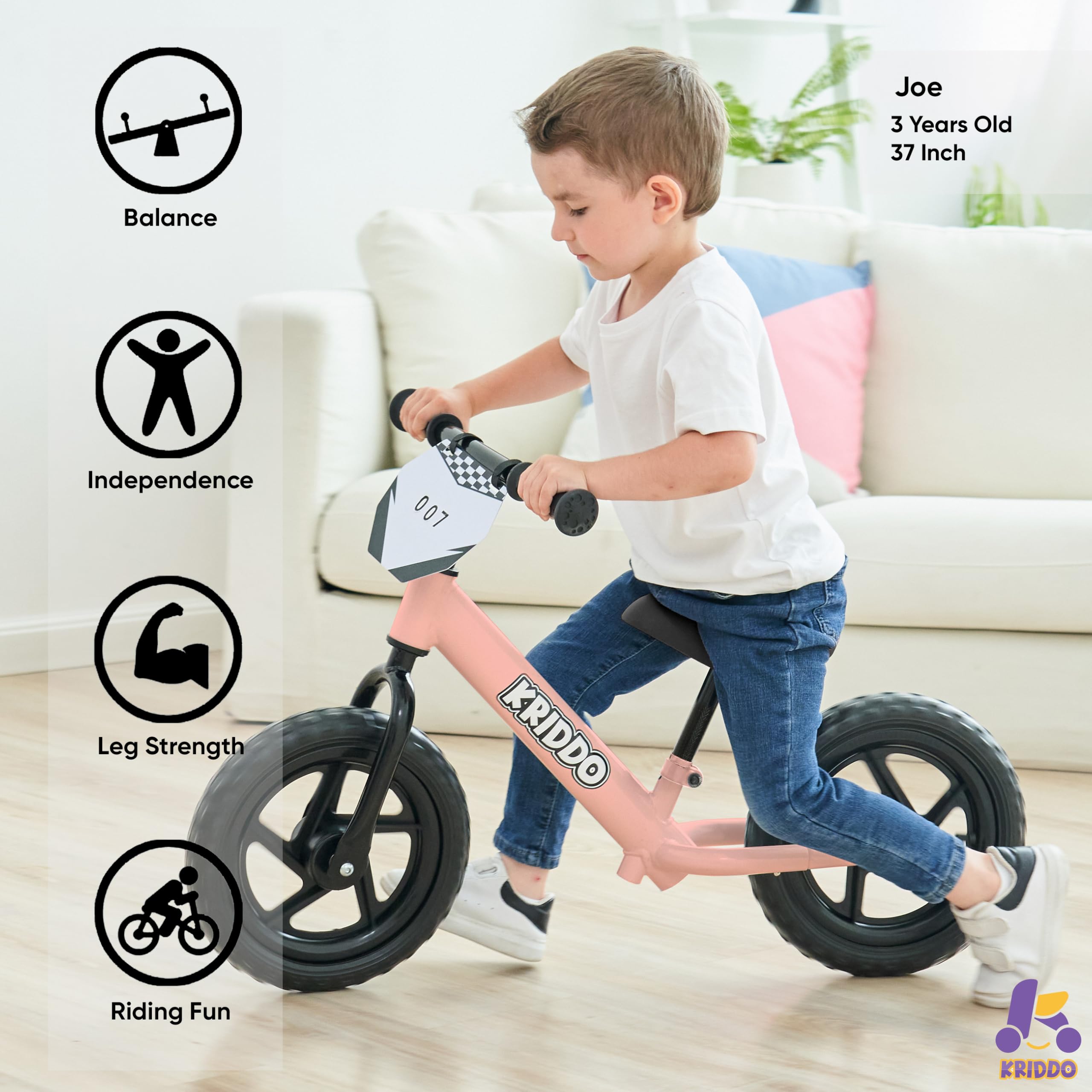 KRIDDO Toddler Balance Bike 2 Year Old, Age 18 Months to 5 Years Old, 12 Inch Push Bicycle with Customize Plate (3 Sets of Stickers Included), Gift Bike for 2-3 Boys Girls, Blue