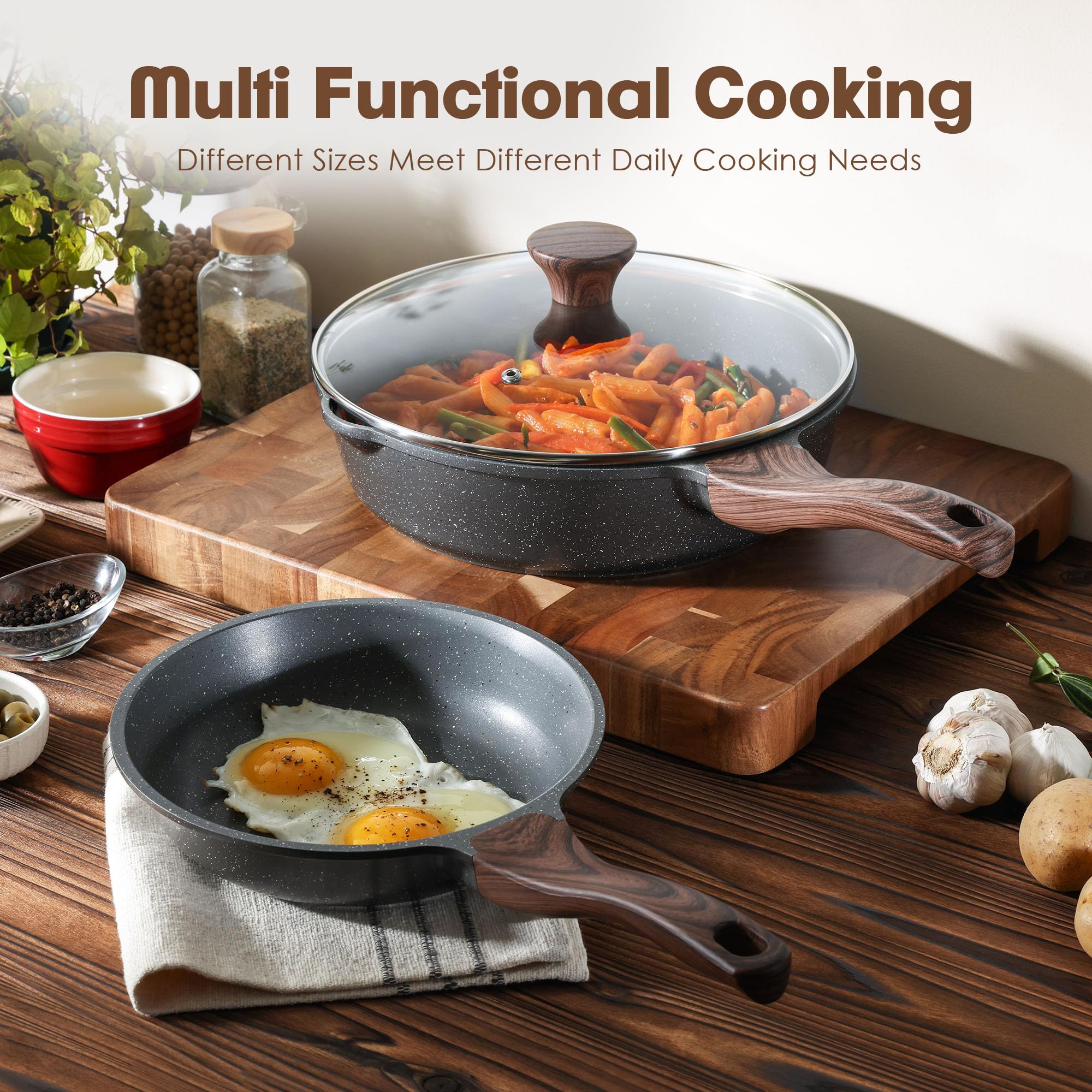 SENSARTE 17 Piece Pots and Pans Set, Nonstick Detachable Handle Cookware, Induction Kitchen Cookware Set with Removable Handle, Healthy Non Stick RV Cookware, Oven Safe (Black)