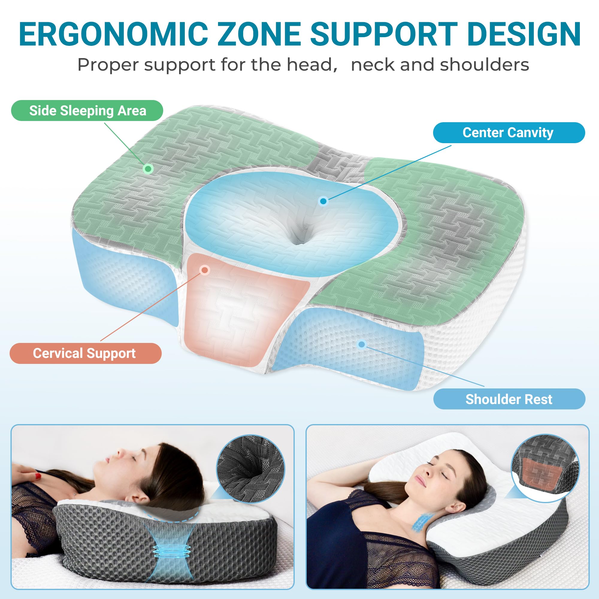Elviros Cervical Memory Foam Neck Pillow for Side Sleeping, Orthopedic Pillows for Back and Stomach Sleepers, Adjustable Ergonomic Bed Pillow Pain