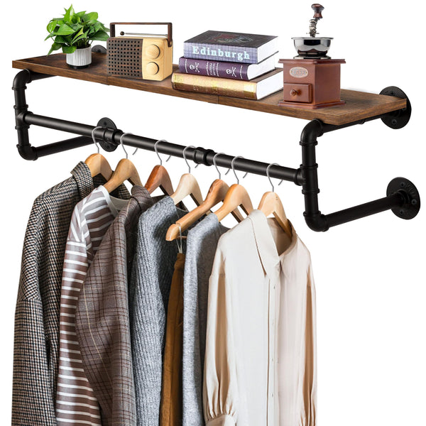 Yawinhe Industrial Pipe Wall Mounted Garment Rack, with Top Shelf, 105cm Heavy Duty Detachable Multi Purpose Hanging Rod, Space Saving Hanger with 4
