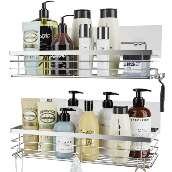 Orimade Shower Caddy Stainless Steel No Drilling Adhesive Wall Mounted Shower Shelf with 5 Hooks Bathroom organiser for Shampoo Conditioner, Rustproof