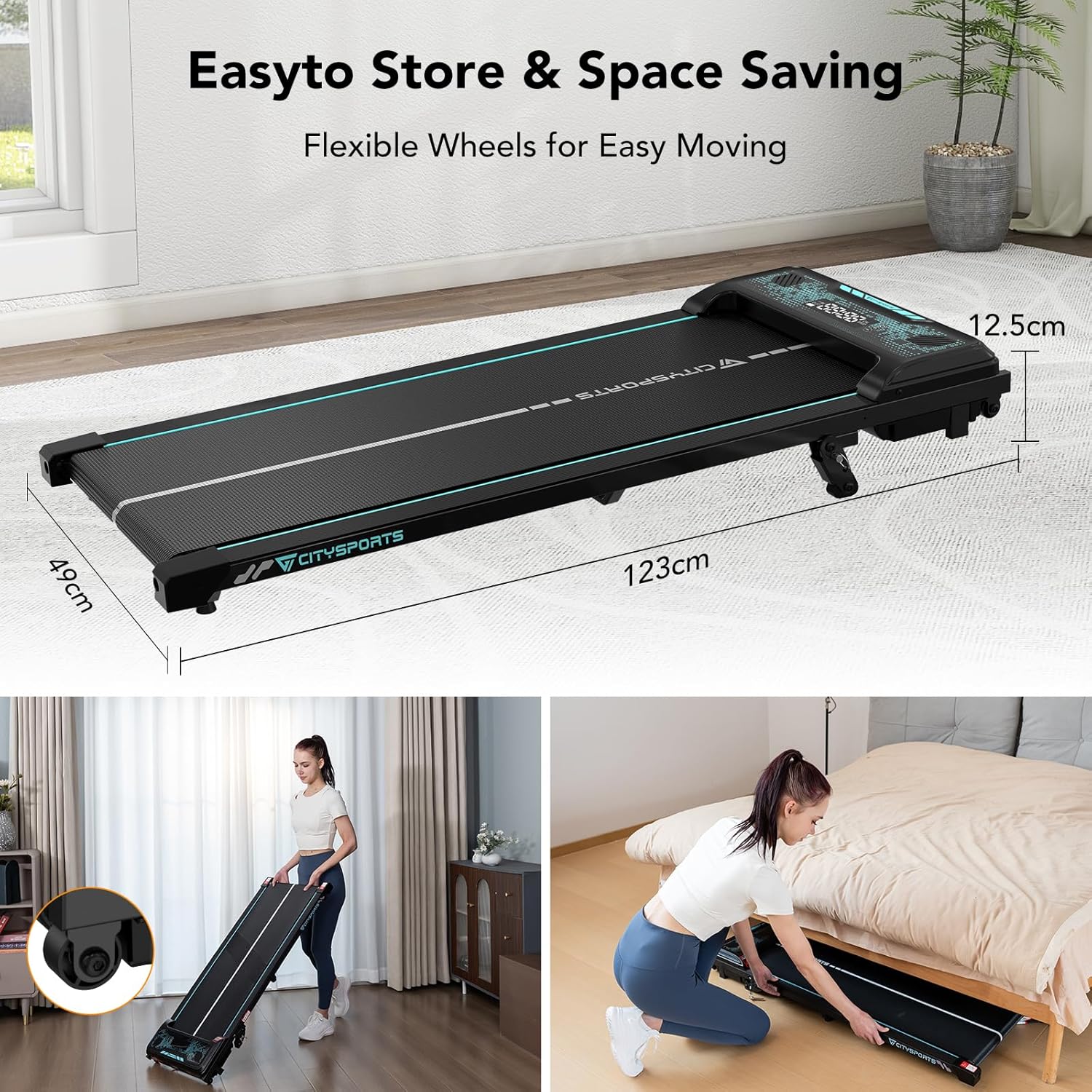 CITYSPORTS 10% Incline Walk Pad Workout Equipment, 6KM/H Under Desk Treadmills, Portable Walking Running Machine Slim Compact Motorized Electric Treadmill with Remote Control