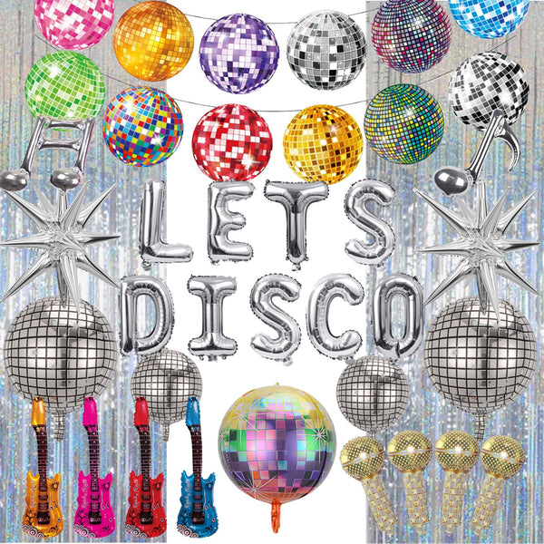 PAUBLLON Disco Party Decorations Dancing Queen-Disco Ball Decorations Including Lets Disco Letter Balloon,Inflatable Rock Star Guitar Props,for 70s