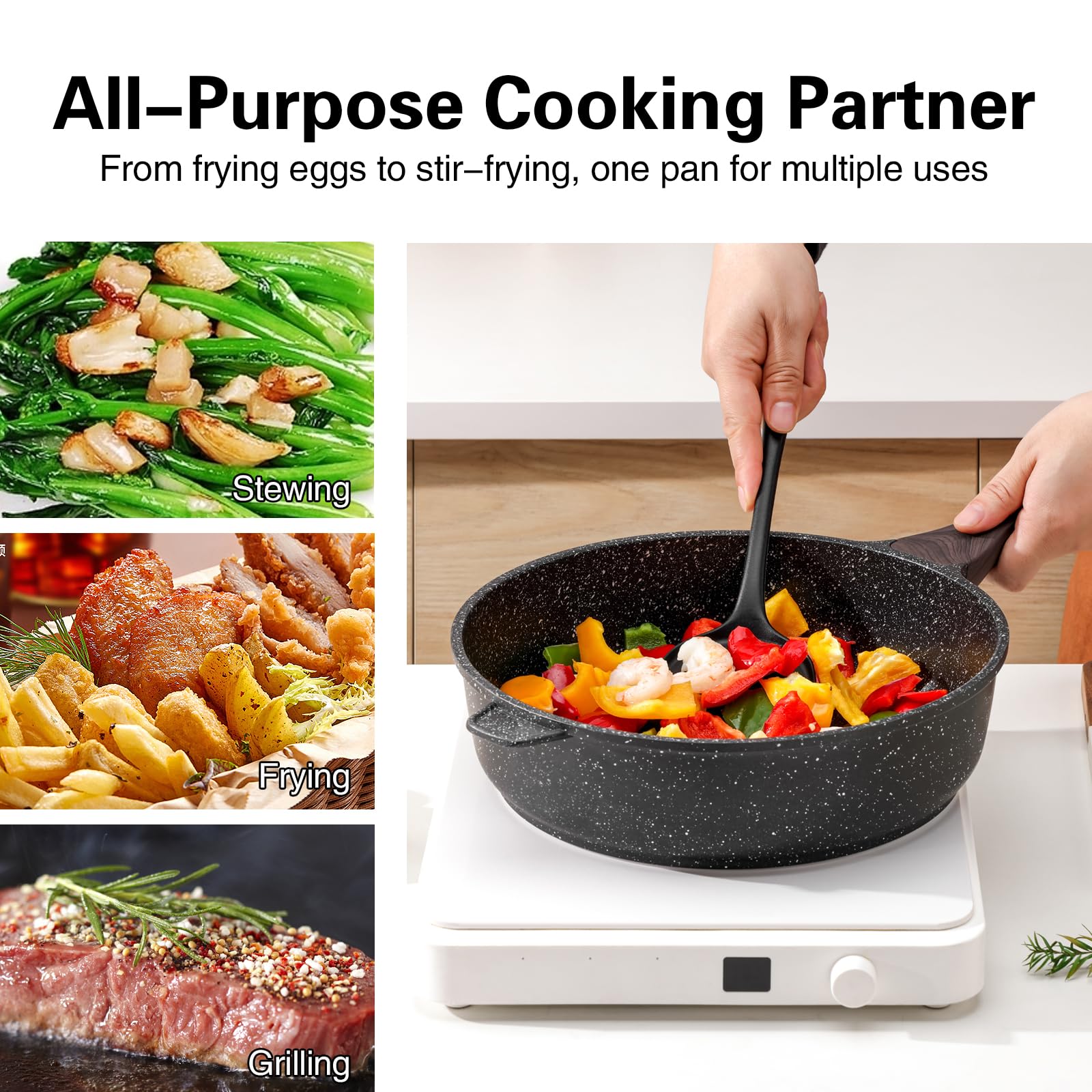 Kordisen Nonstick Deep Frying Pan, 26 cm Skillet with Lid, Granite Stone Saute Pan for Cooking, Induction Cookware, Compatible with All Stovetops,