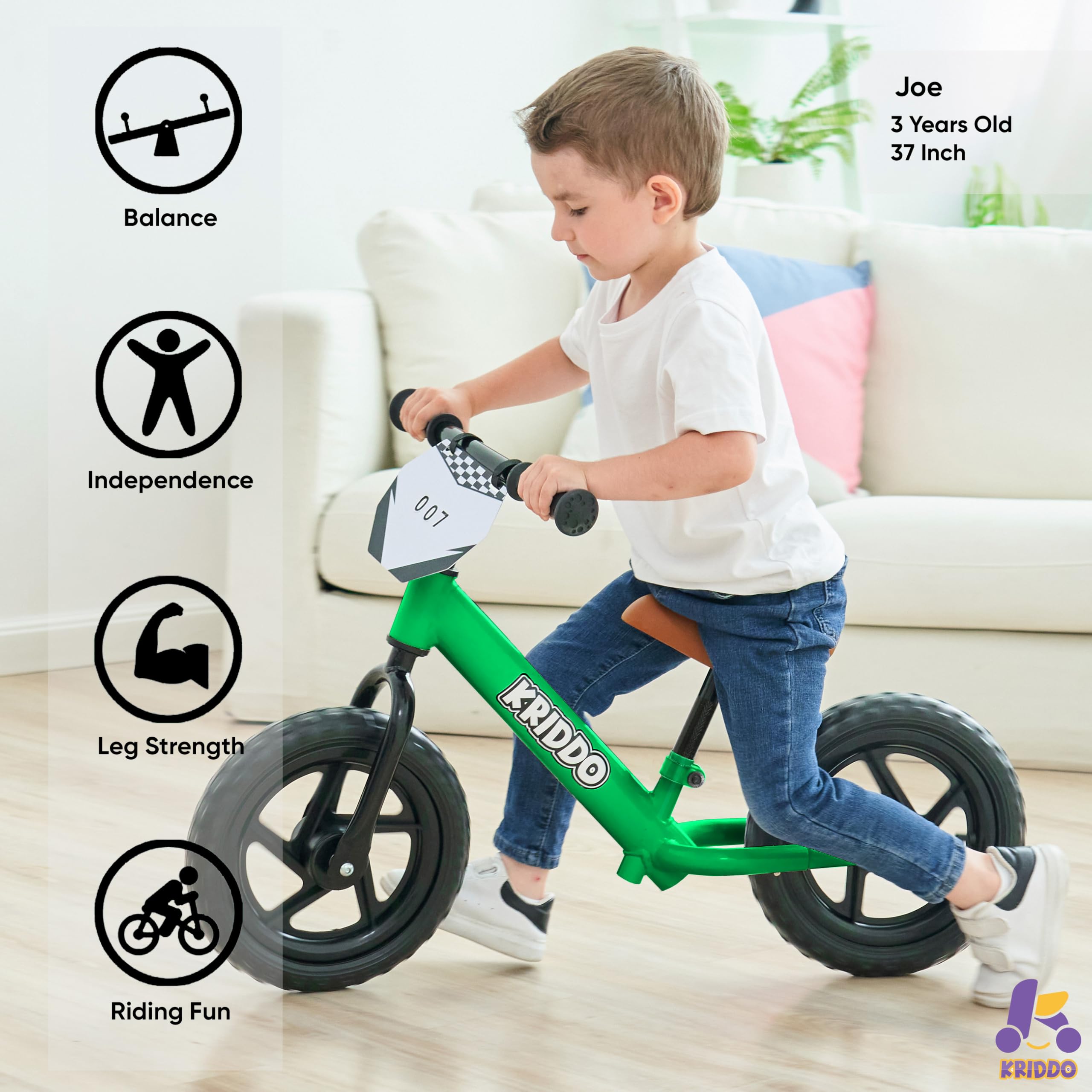 KRIDDO Toddler Balance Bike 2 Year Old, Age 18 Months to 5 Years Old, 12 Inch Push Bicycle with Customize Plate (3 Sets of Stickers Included), Gift Bike for 2-3 Boys Girls, Blue