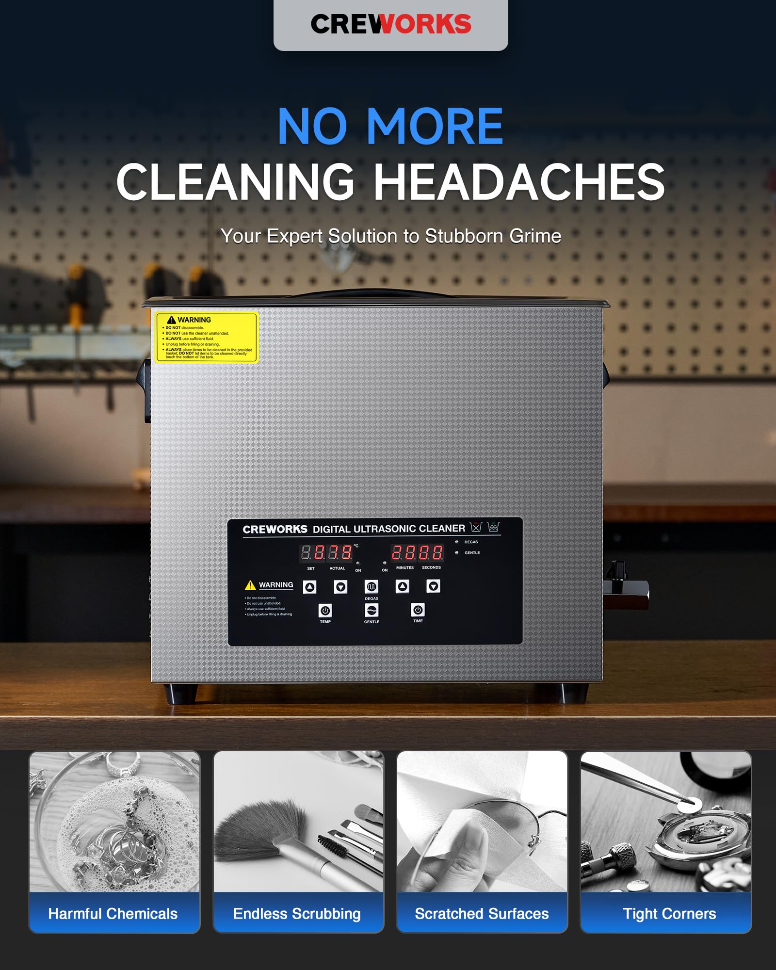 CREWORKS 6L Digital Ultrasonic Cleaner, 1.6 gal. Ultrasonic Cleaning Machine with Degas & Gentle Modes, 180W Professional Ultrasound Cleaner with 300W Heater and Timer for Glasses