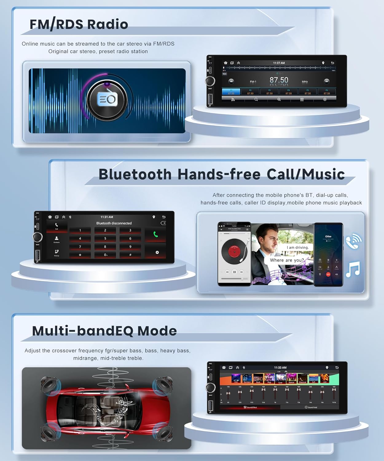 Rimoody Single Din Wireless Carplay Car Stereo Android Auto 6.86 inch HD Touch Screen Car Radio Bluetooth FM/RDS EQ Android/iOS Phone Mirror Link Backup Camera USB Type-C SWC