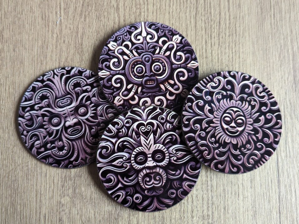 Aztec sculpture | Set of 4  ancient carved stone effect circular coasters