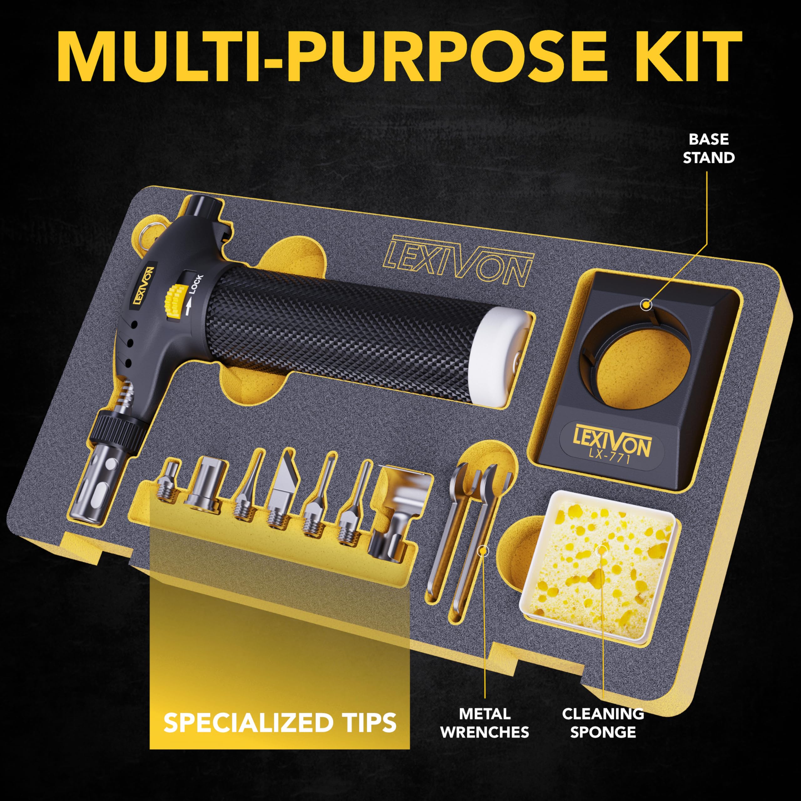 LEXIVON Butane Soldering Iron Multi-Purpose Kit | Cordless Self-Igniting Adjustable Flame 7-Tip Set | Pro-Grade (LX-770)