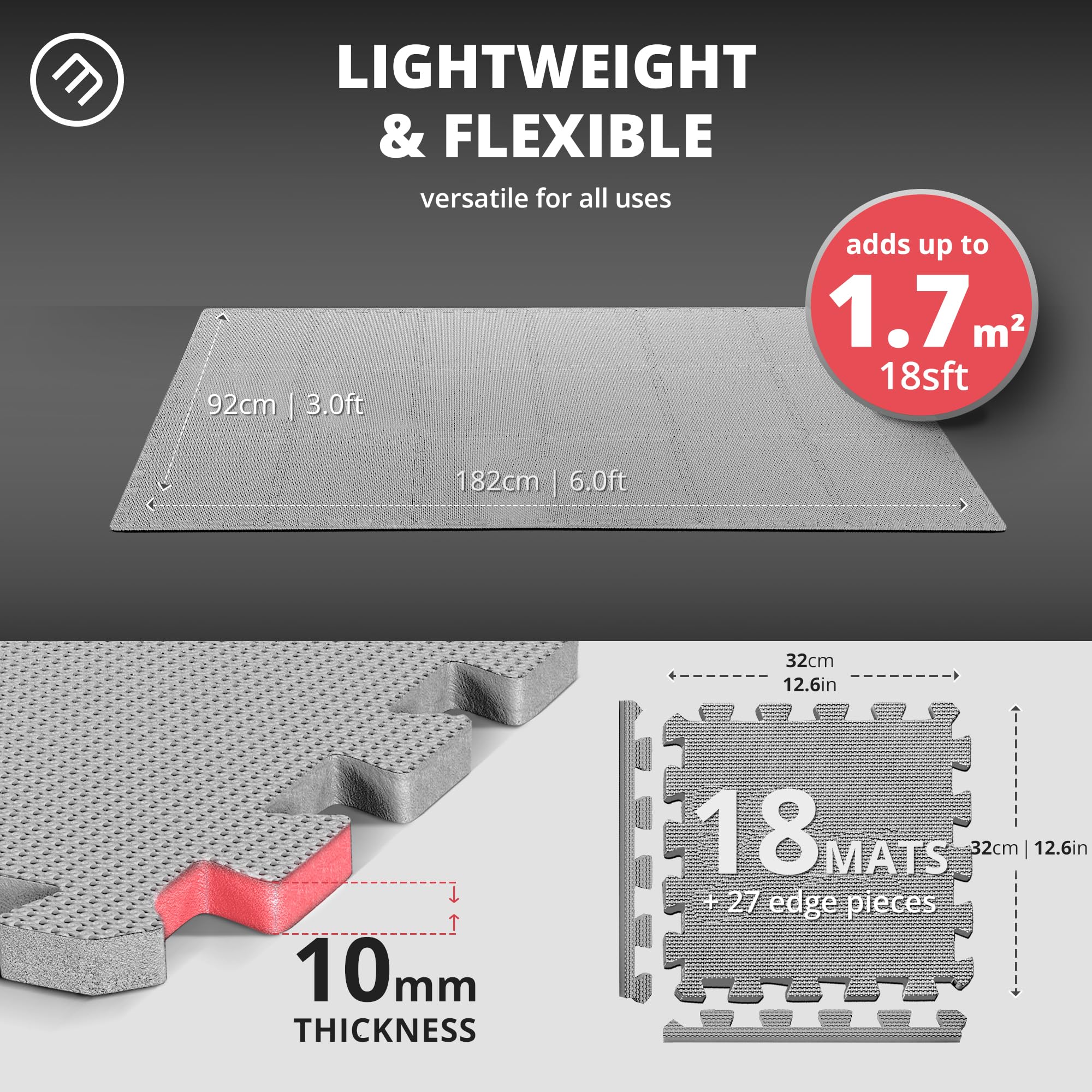 Interlocking Soft Foam Floor Mat - 18 Pieces Protective Gym Flooring Set, Exercise Mats EVA Puzzle Rubber Tiles, Ground Surface Protection Workout Underlay Matting Sports Pool Home Fitness Garage