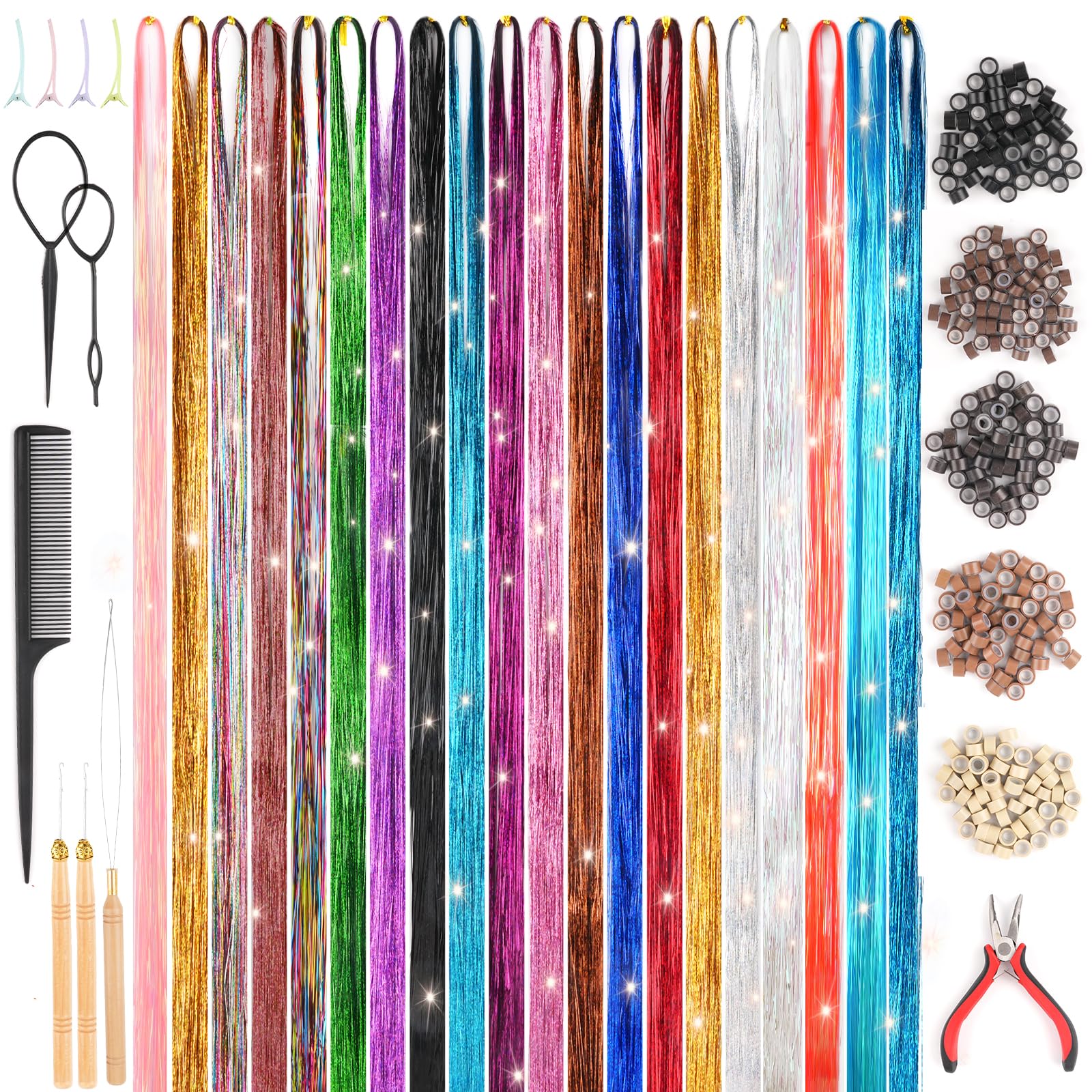 Hair Tinsel Kit With Tools, 20 Colours 4000 Strands Glitter Extensions, 47 Inch Sparkling Shiny Tinsel, Heat Resistant Fairy Accessories for Women
