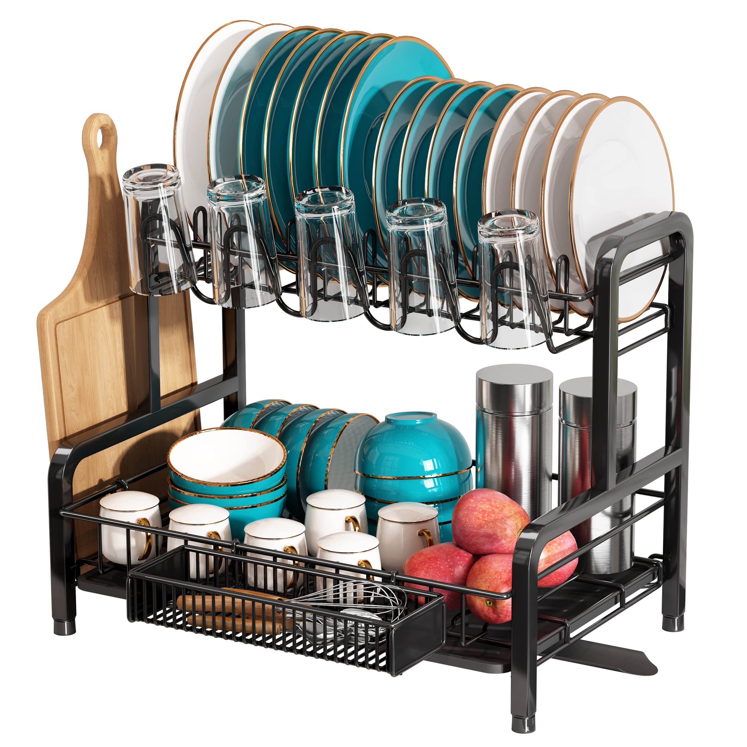romision Dish Drainer Rack, Stainless Steel Dish Drainer for Kitchen Counter, Black Dish Rack with Drip Tray, Multifunctional Draining Board Rack with