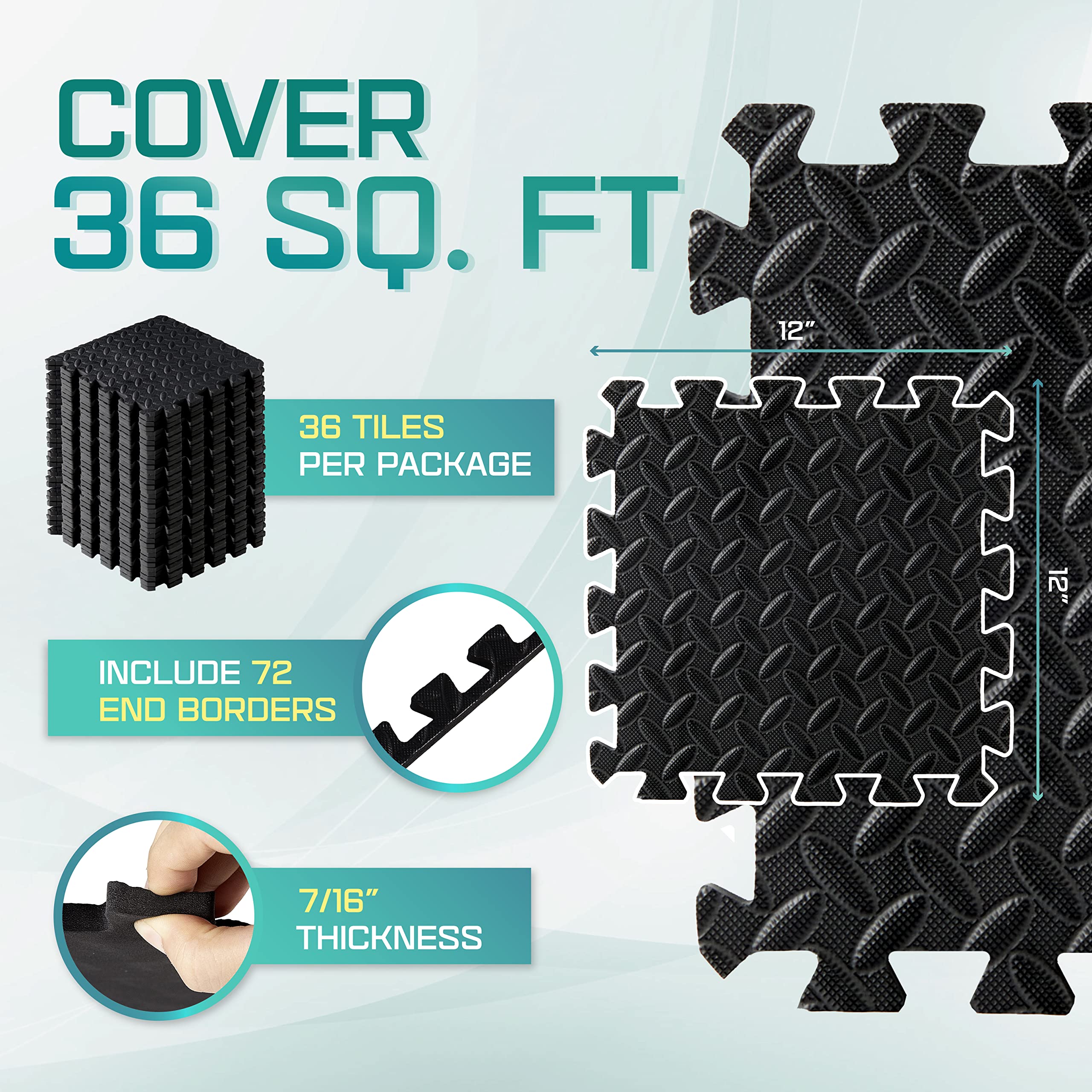 Yes4All M8RZ Interlocking Exercise Foam Mats with Border ? Interlocking Floor Mats for Gym Equipment ? Eva Interlocking Floor Tiles (Black)