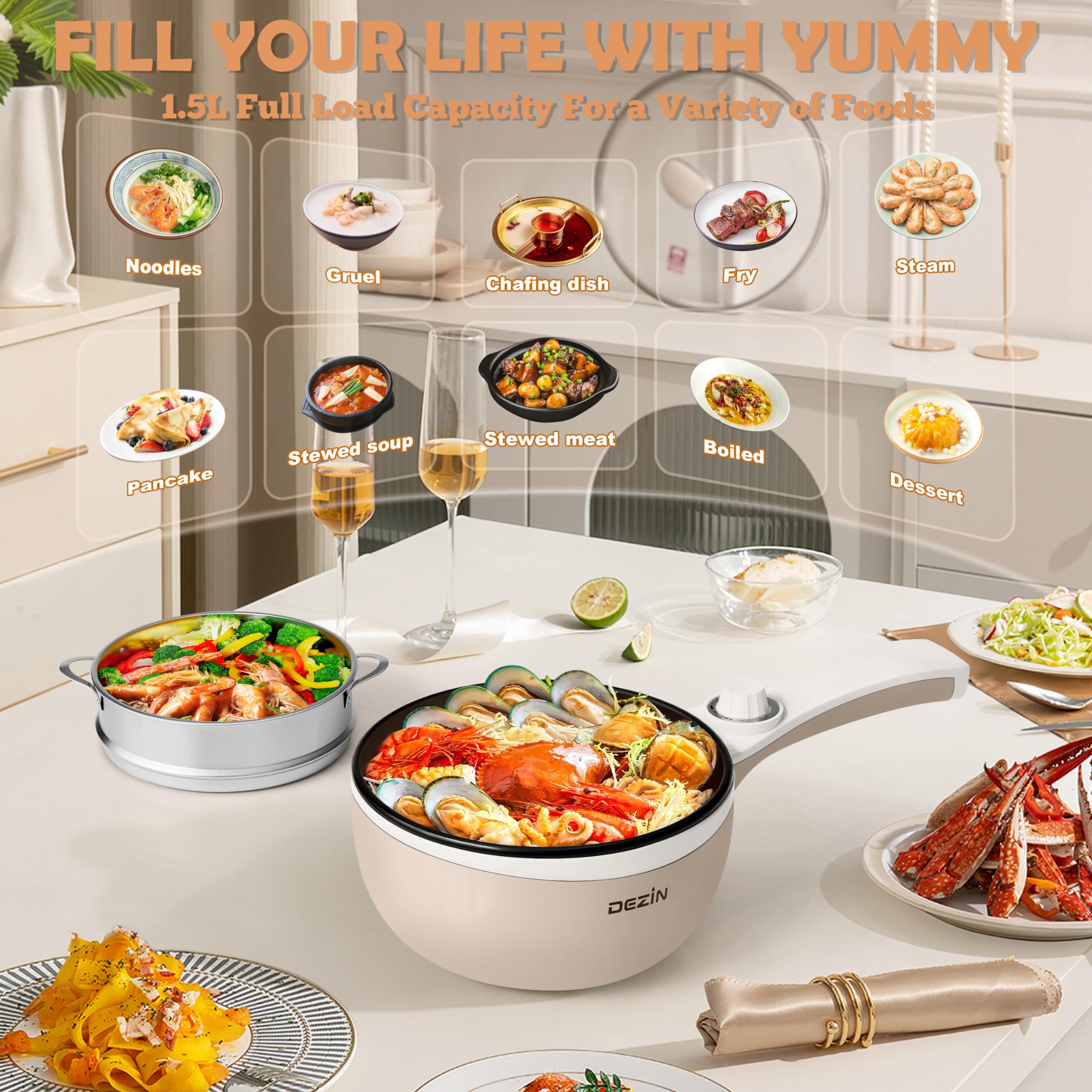 DEZIN Electric Cooker Upgraded, Non-Stick Saut? Pan, 1.5L Mini Electric Fondue Pot for Cheese, Stir Fry, Roast, Steam with Power Adjustment, Perfect