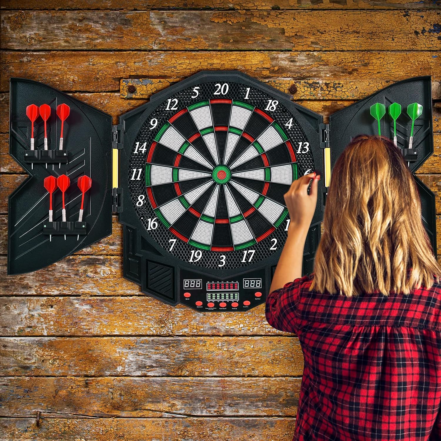 GYMAX Electronic Dart Board Set, Professional Hanging Dartboard with 12 Soft Tip Darts, Cabinet and LED Display, Aileron Target Dartboards for Kids Adults