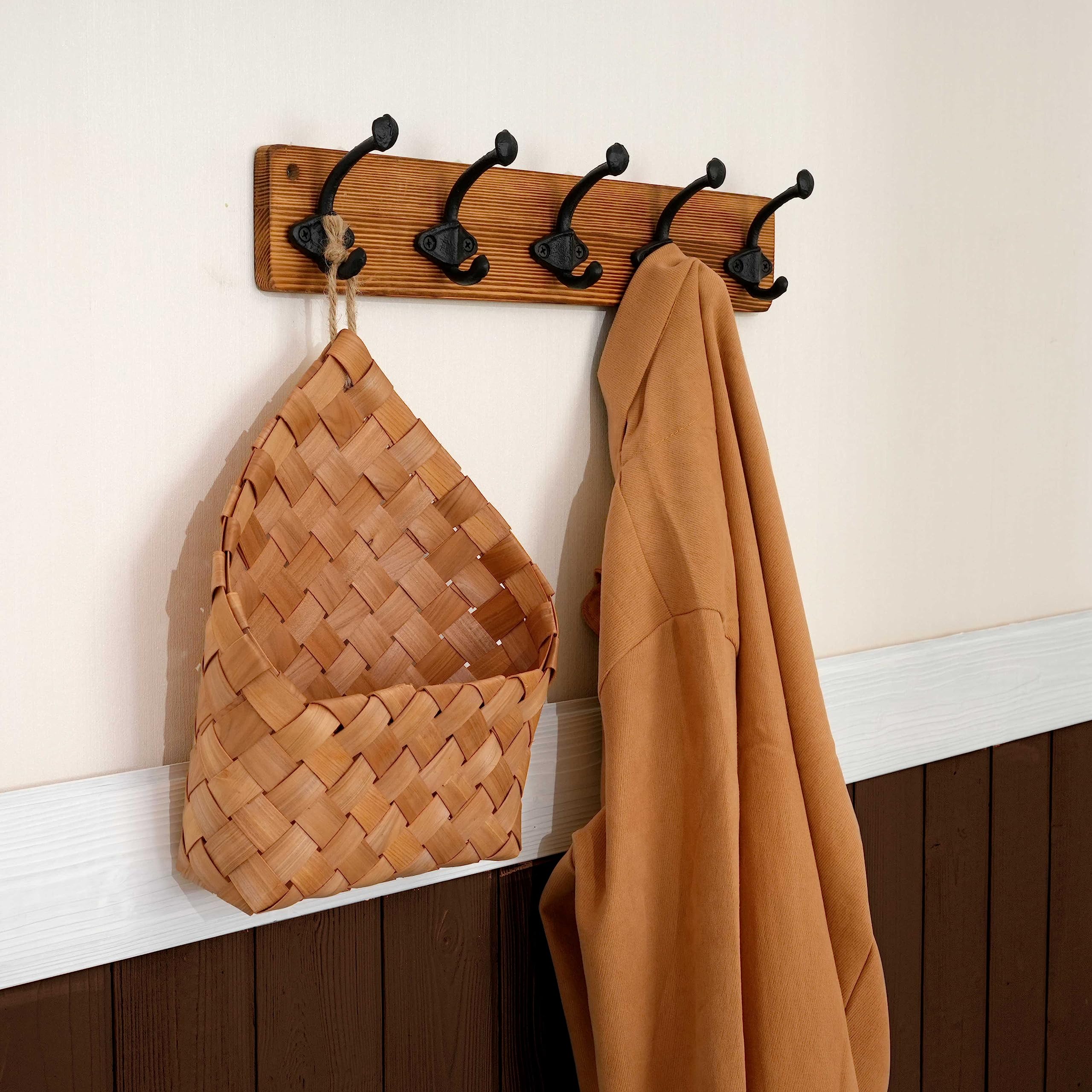 WEBI Rustic Coat Hooks Wall Mounted,5 Cast Iron Hooks,Coat Rack Wall Mounted,Vintage Hooks for Hanging Coats,Jacket,Clothes,Brown,2 Packs