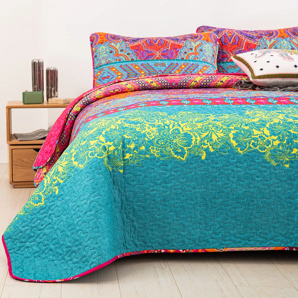 WONGS BEDDING Reversible Flower Bohemian Bedspread with 2 Pillowcases Colorful Floral Boho Pattern Bedspread Coverlet for All Season Soft Microfiber