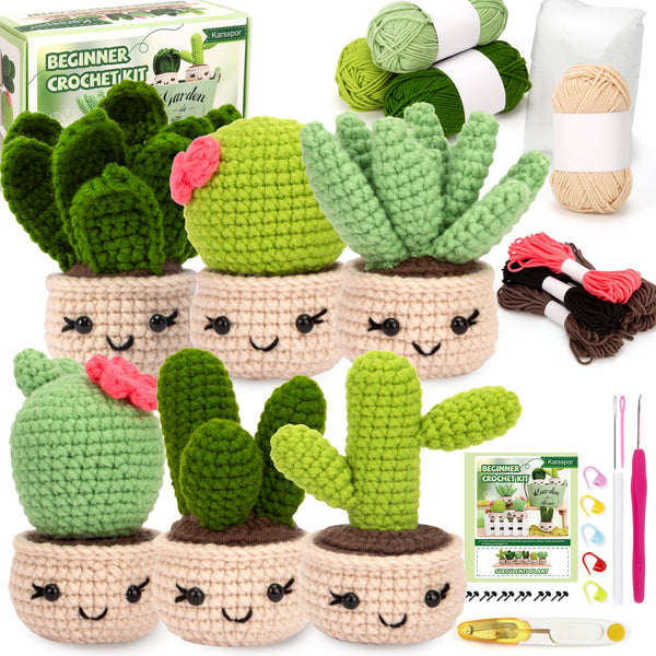 Karsspor Crochet Kit for Beginners Adults - 6 PCS Succulents, Beginner Crochet Kit with Step-by-Step Instructions and Video Tutorials, Complete