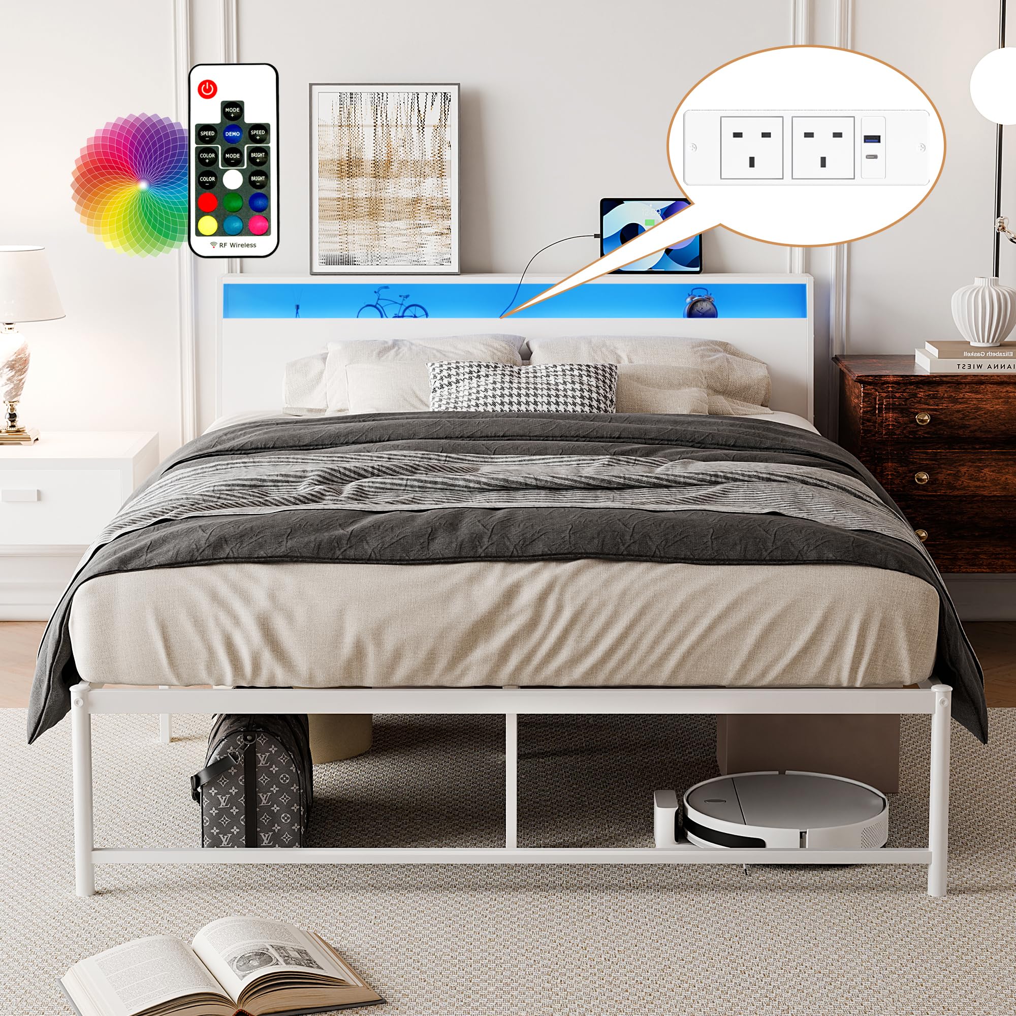 BEXEVUE 4ft6 Metal Bed Frame with Outlets LED Strip - Simple Double Vintage Iron Platform Bed, Storage Ergonomic Headboard, Modern Design High