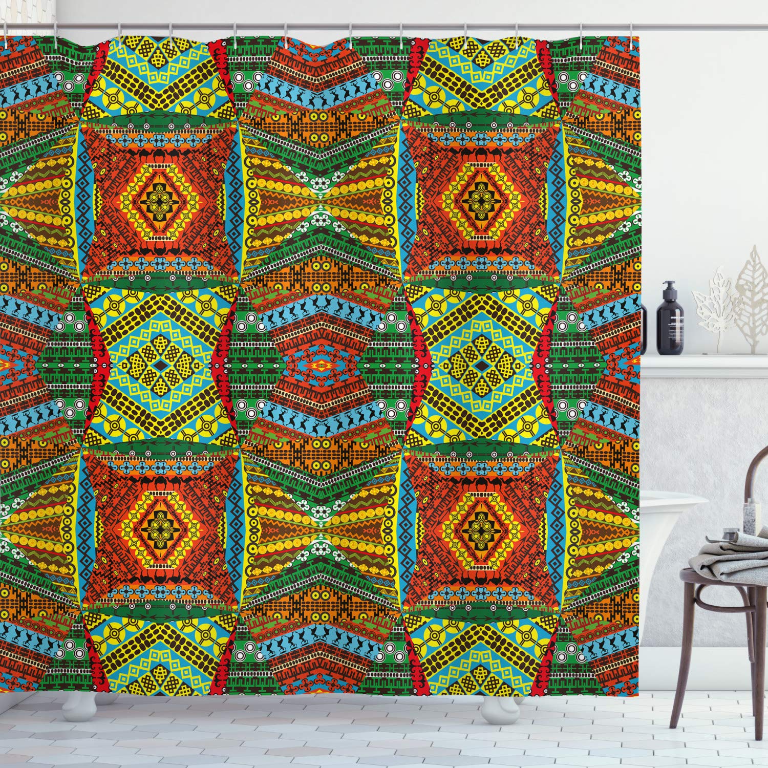 ABAKUHAUS African Shower Curtain, Collage of Native Motifs Art Traditional Old Fashioned Cultural, Cloth Fabric Bathroom Decor Set with Hooks, 94